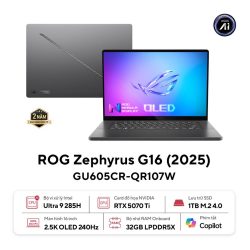 Laptop Asus Gaming ROG Zephyrus G16 GU605CR-QR107W (Ultra 9 285H/ 32GB/ 1TB SSD/ RTX 5070Ti 12GB/ 16 inch 2.5K/ 240Hz/ Win11/ Grey/ Túi/ Sạc nhanh/ Vỏ nhôm)