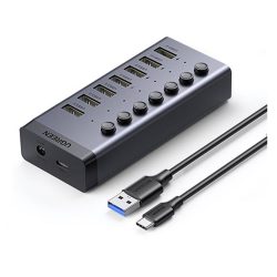 Bộ chia USB Ugreen 90307 1 ra 7 cổng USB 3.0 (công tắc, kèm nguồn 12V2A, chân tròn)