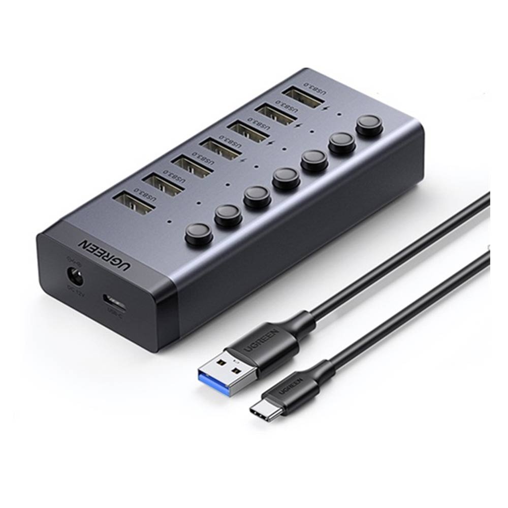 Bộ chia USB Ugreen 90307 1 ra 7 cổng USB 3.0 (công tắc, kèm nguồn 12V2A, chân tròn)