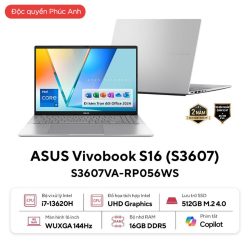 Laptop Asus Vivobook S16 S3607VA-RP056WS (i7 13620H/ 16GB/ 512GB SSD/ 16 inch WUXGA/ 144Hz/ Win 11/ Office/ Silver/ Vỏ nhôm)