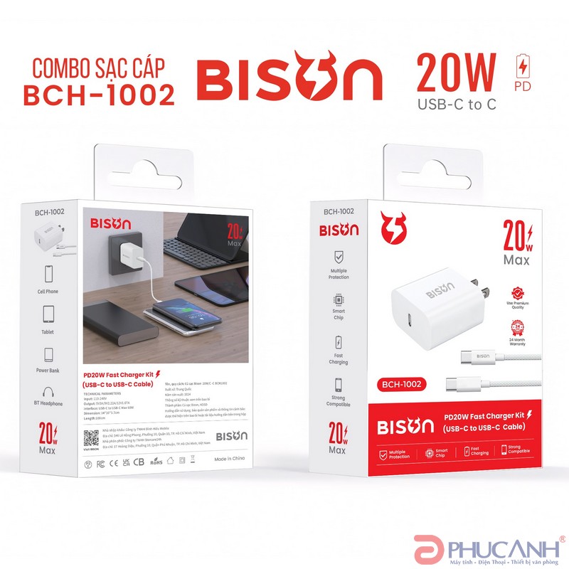 Củ sạc Bison Type C 20W BCH1002 (kèm cáp Type C- type C) Củ sạc Bison Type C 20W BCH1002 (kèm cáp Type C- type C)