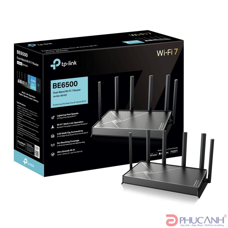Bộ phát wifi 7 TP-Link Archer BE400 (Chuẩn BE/ 6500Mbps/ 6 Ăng-ten ngoài/ Wifi Mesh) Bộ phát wifi 7 TP-Link Archer BE400 (Chuẩn BE/ 6500Mbps/ 6 Ăng-ten ngoài/ Wifi Mesh)