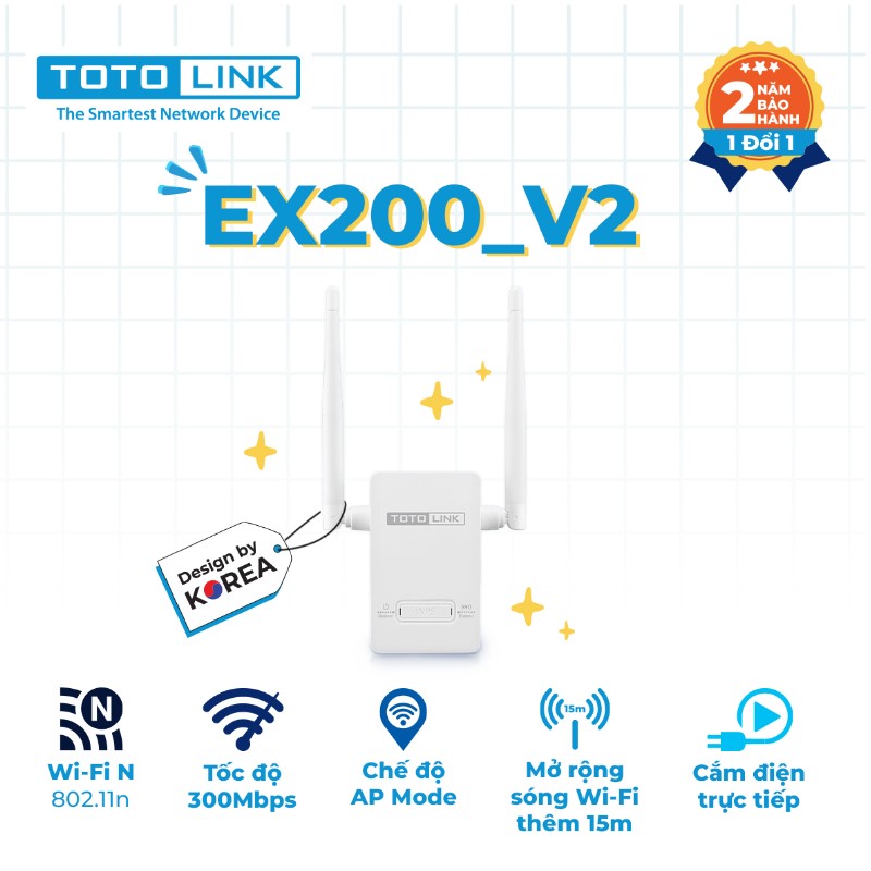 Bộ mở rộng sóng wifi Totolink EX200 (Chuẩn N/ 300Mbps/ 2 Ăng-ten ngoài) Bộ mở rộng sóng wifi Totolink EX200 (Chuẩn N/ 300Mbps/ 2 Ăng-ten ngoài)