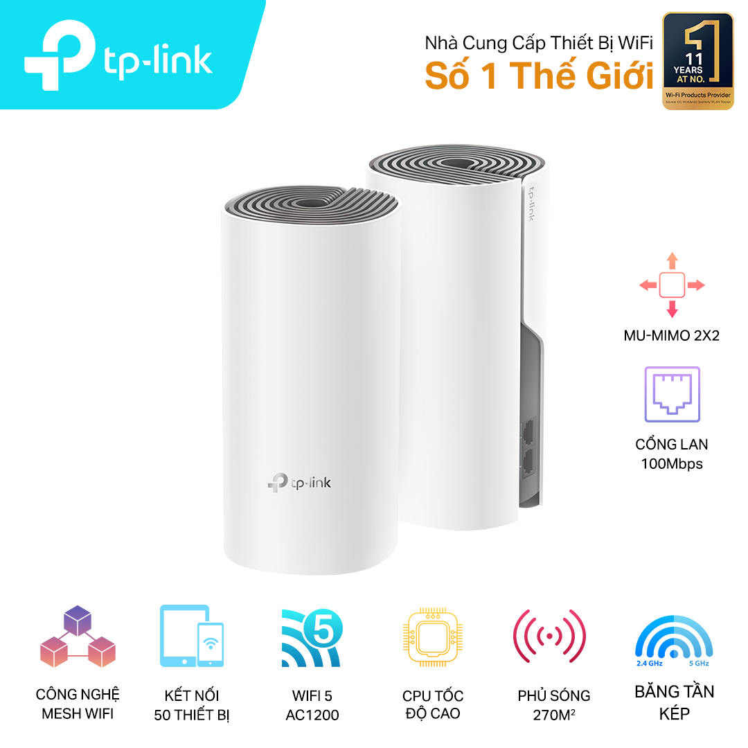 Bộ phát wifi TP-Link Deco E4 2-Pack (Chuẩn AC/ AC1200Mbps/ 2 Ăng-ten ngầm/ Wifi Mesh/ 55 User) Bộ phát wifi TP-Link Deco E4 2-Pack (Chuẩn AC/ AC1200Mbps/ 2 Ăng-ten ngầm/ Wifi Mesh/ 55 User)