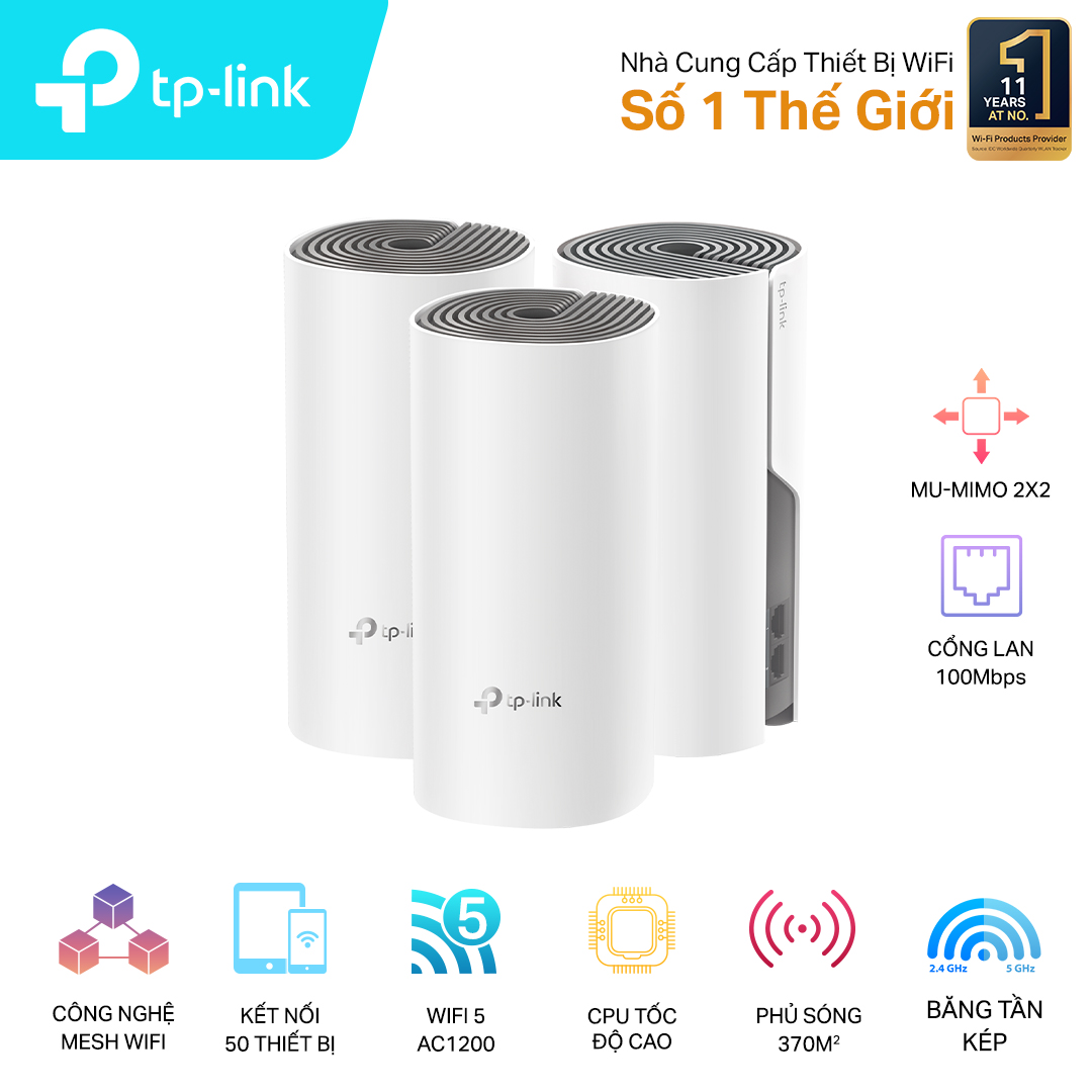 Bộ phát wifi TP-Link Deco E4 3-Pack (Chuẩn AC/ AC1200Mbps/ 2 Ăng-ten ngầm/ Wifi Mesh/ Dưới 100 User) Bộ phát wifi TP-Link Deco E4 3-Pack (Chuẩn AC/ AC1200Mbps/ 2 Ăng-ten ngầm/ Wifi Mesh/ Dưới 100 User)
