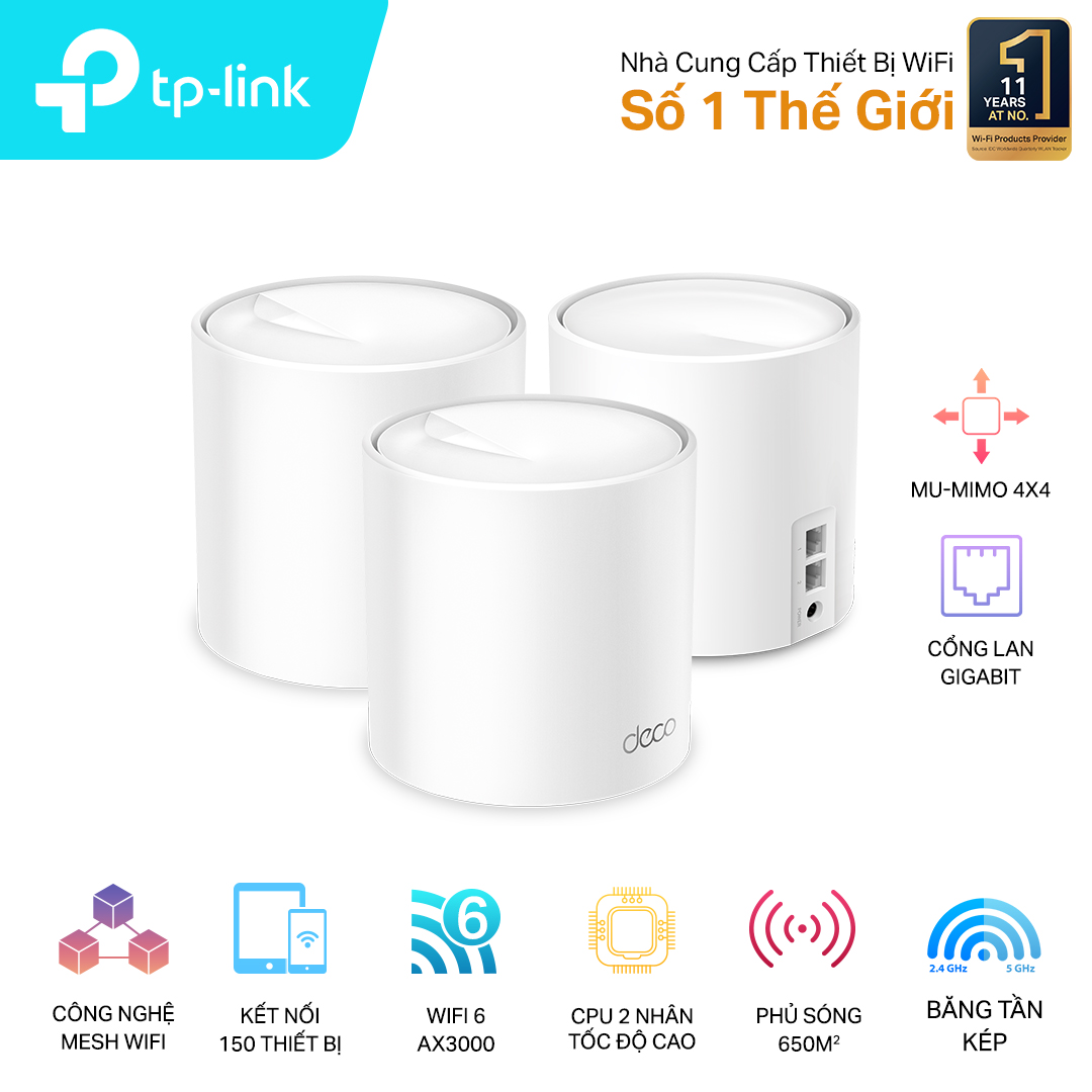 Bộ phát wifi 6 TP-Link Deco X60 3-Pack (Chuẩn AX/ AX5400Mbps/ 4 Ăng-ten ngầm/ Wifi Mesh/ Dưới 100 User) Bộ phát wifi 6 TP-Link Deco X60 3-Pack (Chuẩn AX/ AX5400Mbps/ 4 Ăng-ten ngầm/ Wifi Mesh/ Dưới 100 User)
