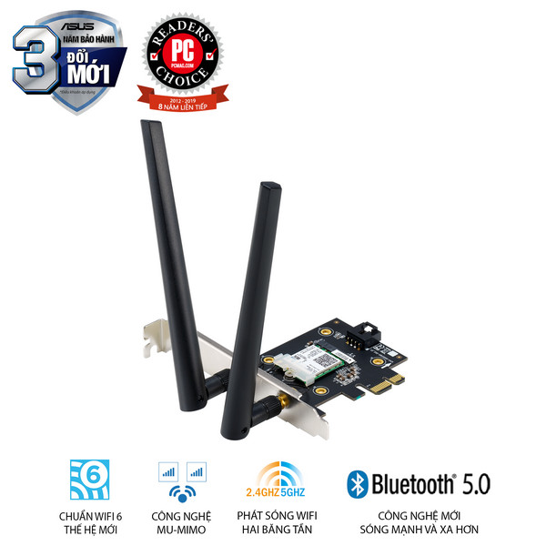 Cạc mạng không dây Asus PCI-E PCE-AX3000 Tray (Chuẩn AX/ AX3000Mbps/ 2 Ăng-ten ngoài/ Bluetooth) Cạc mạng không dây Asus PCI-E PCE-AX3000 Tray (Chuẩn AX/ AX3000Mbps/ 2 Ăng-ten ngoài/ Bluetooth)