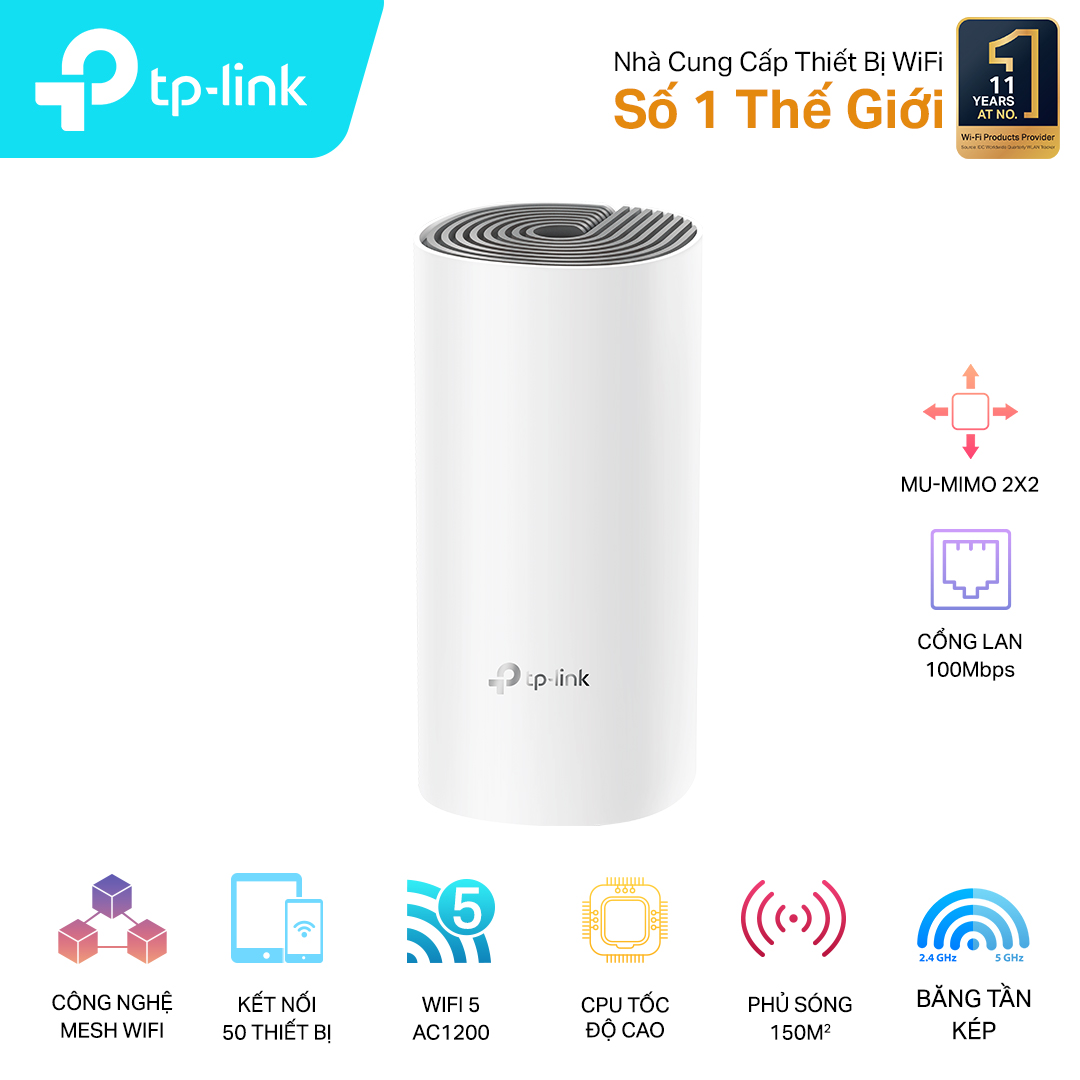 Bộ phát wifi TP-Link Deco E4 1-Pack (Chuẩn AC/ AC1200Mbps/ 2 Ăng-ten ngầm/ Wifi Mesh/ 25 User) Bộ phát wifi TP-Link Deco E4 1-Pack (Chuẩn AC/ AC1200Mbps/ 2 Ăng-ten ngầm/ Wifi Mesh/ 25 User)