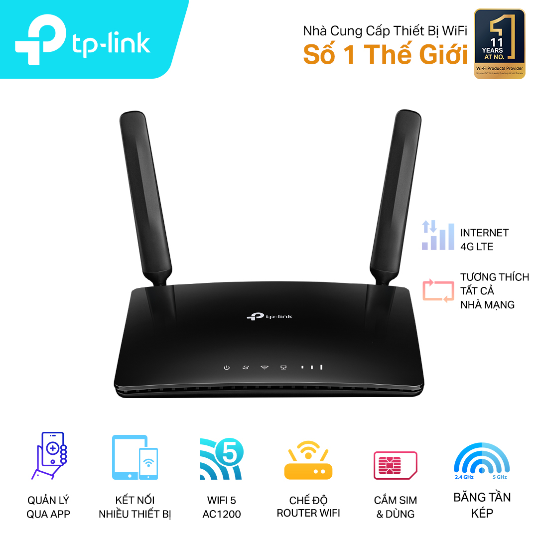Bộ phát wifi 4G TP-Link Archer MR400 (Chuẩn AC/ AC1200Mbps/ 2 Ăng-ten ngoài/ Khe Sim 4G/ 35 User) Bộ phát wifi 4G TP-Link Archer MR400 (Chuẩn AC/ AC1200Mbps/ 2 Ăng-ten ngoài/ Khe Sim 4G/ 35 User)