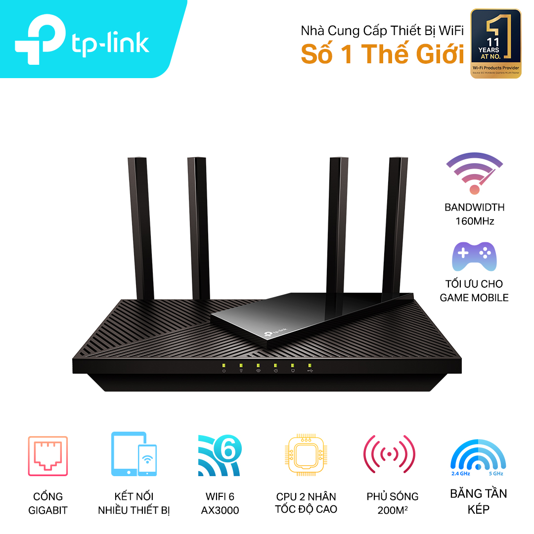 Bộ phát wifi 6 TP-Link Archer AX55 (Chuẩn AX/ AX3000Mbps/ 4 Ăng-ten ngoài/ Wifi Mesh/ 35 User) Bộ phát wifi 6 TP-Link Archer AX55 (Chuẩn AX/ AX3000Mbps/ 4 Ăng-ten ngoài/ Wifi Mesh/ 35 User)