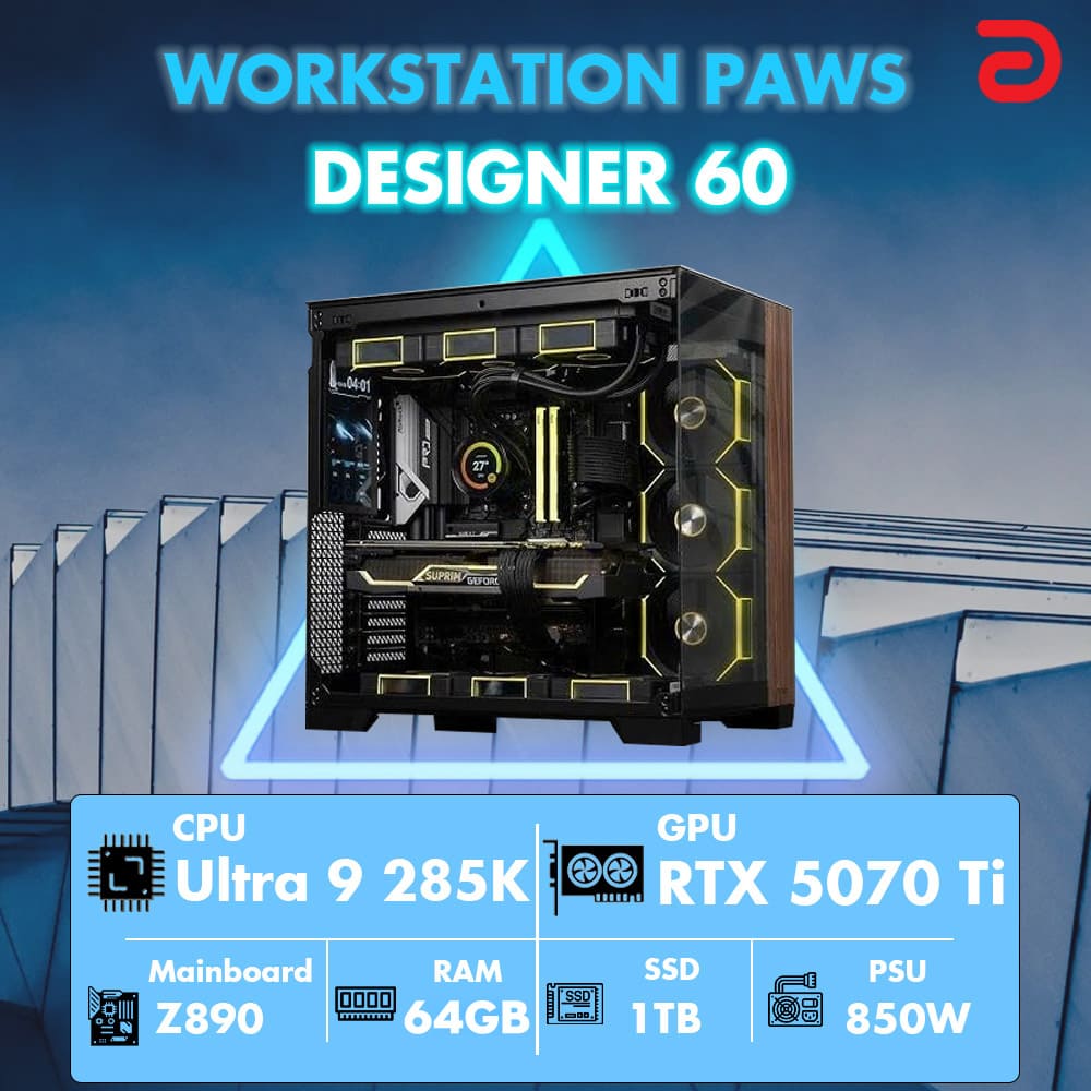 Máy tính PAWS DESIGNER 60 (Core Ultra 9 285K/Z890/64GB/RTX 5070 TI) Máy tính PAWS DESIGNER 60 (Core Ultra 9 285K/Z890/64GB/RTX 5070 TI)