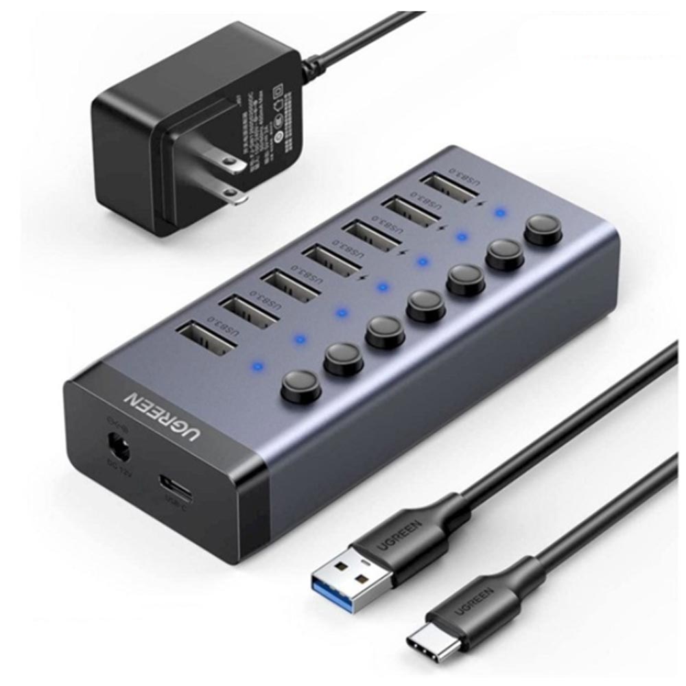Bộ chia USB Ugreen 90305 1 ra 7 cổng USB 3.0 (công tắc, kèm nguồn 12V2A)