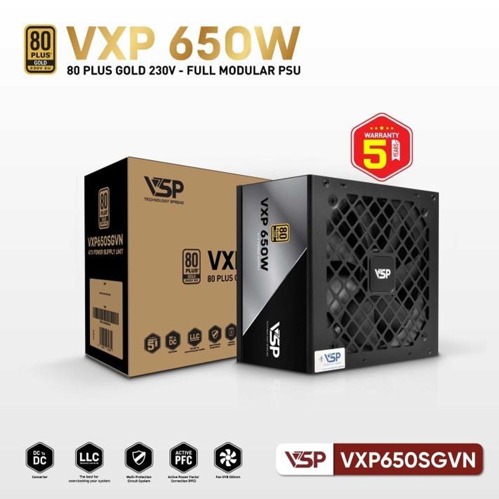 Nguồn máy tính VSP VXP 650W SGVN Gold 230V (80 Plus Gold/ Full-Modular/ ATX/ Đen) Nguồn máy tính VSP VXP 650W SGVN Gold 230V (80 Plus Gold/ Full-Modular/ ATX/ Đen)