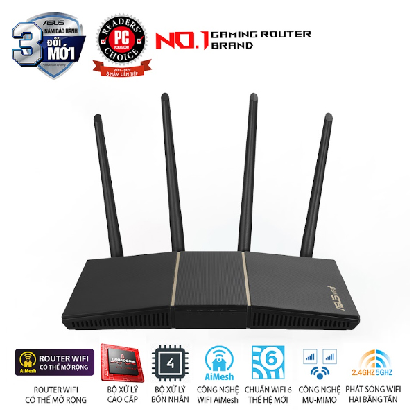 Bộ phát wifi 6 Asus RT-AX57 (Chuẩn AX/ AX3000Mbps/ 4 Ăng-ten ngoài/ Wifi Mesh/ 45User) Bộ phát wifi 6 Asus RT-AX57 (Chuẩn AX/ AX3000Mbps/ 4 Ăng-ten ngoài/ Wifi Mesh/ 45User)