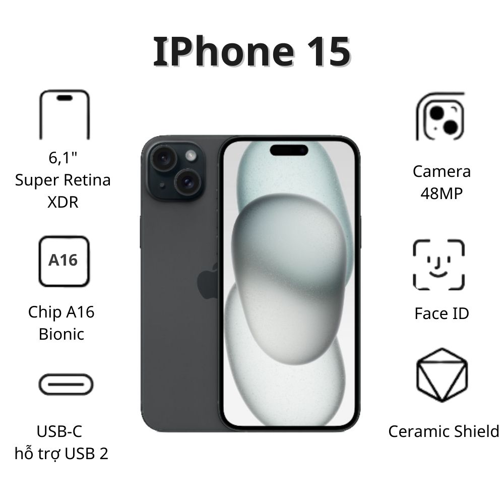 Điện thoại Apple iPhone 15 (6GB/ 256GB/ Black) Điện thoại Apple iPhone 15 (6GB/ 256GB/ Black)