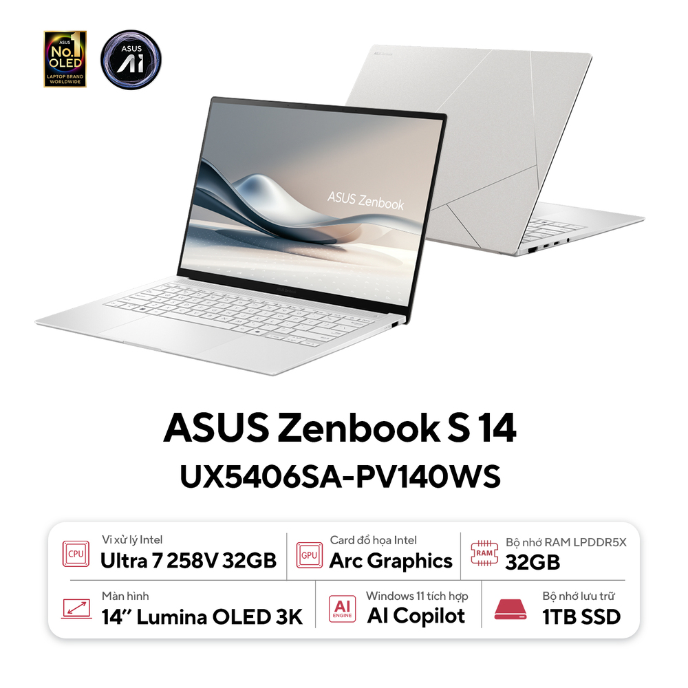 Laptop Asus Zenbook S14 OLED UX5406SA-PV140WS (Ultra 7 258V/ 32GB/ 1TB SSD/ 14 inch 3K/ 120Hz/ Win 11/ Office/ White/ Vỏ nhôm/ Túi) Laptop Asus Zenbook S14 OLED UX5406SA-PV140WS (Ultra 7 258V/ 32GB/ 1TB SSD/ 14 inch 3K/ 120Hz/ Win 11/ Office/ White/ Vỏ nhôm/ Túi)