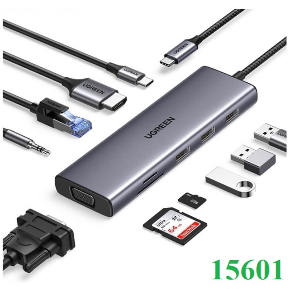 Bộ chuyển đổi Ugreen 15601 USB Type-C sang HDMI, VGA, USB 3.0, LAN, SD/TF, 3.5mm, PD 100W Bộ chuyển đổi Ugreen 15601 USB Type-C sang HDMI, VGA, USB 3.0, LAN, SD/TF, 3.5mm, PD 100W
