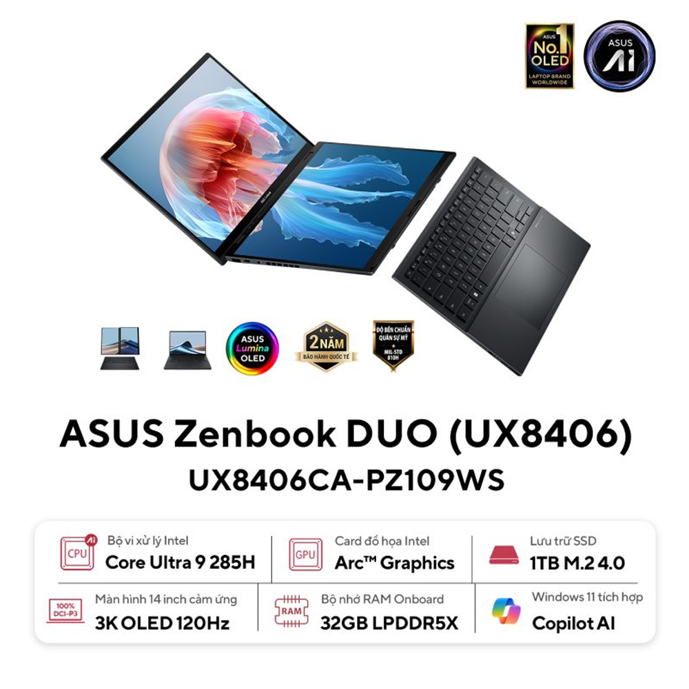 Laptop Asus Zenbook Duo UX8406CA-PZ109WS (Ultra 9 285H/ 32GB/ 1TB SSD/ 14 inch 3K Touch/ 120Hz/ Win 11/ Office/ Gray/ Vỏ nhôm/ Bút/ Túi) Laptop Asus Zenbook Duo UX8406CA-PZ109WS (Ultra 9 285H/ 32GB/ 1TB SSD/ 14 inch 3K Touch/ 120Hz/ Win 11/ Office/ Gray/ Vỏ nhôm/ Bút/ Túi)