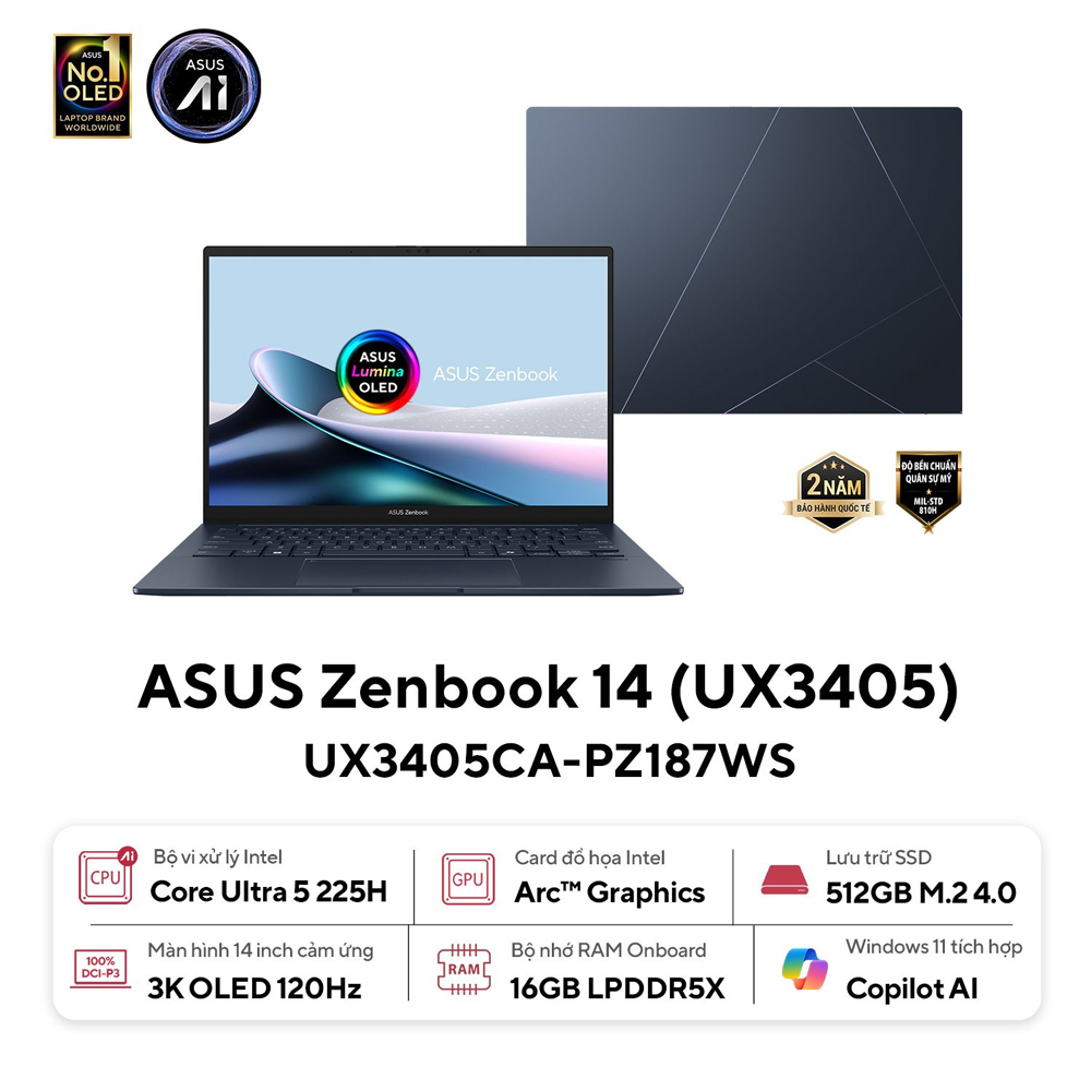 Laptop Asus Zenbook 14 UX3405CA-PZ187WS (Ultra 5 225H/ 16GB/ 512GB SSD/ 14 inch 3K Touch/ 120Hz/ Win 11/ Office/ Blue/ Vỏ nhôm/ Bút/ Túi) Laptop Asus Zenbook 14 UX3405CA-PZ187WS (Ultra 5 225H/ 16GB/ 512GB SSD/ 14 inch 3K Touch/ 120Hz/ Win 11/ Office/ Blue/ Vỏ nhôm/ Bút/ Túi)