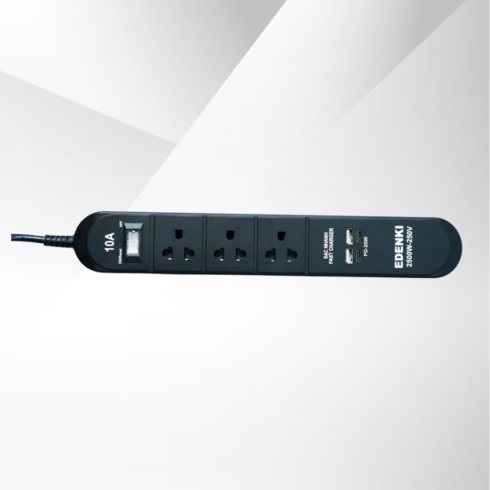 Ổ cắm điện Edenki ED-3CU2B Black (3 Lỗ đa năng + 2 Usb Type A + 2Usb Type C- 2M 10A) Ổ cắm điện Edenki ED-3CU2B Black (3 Lỗ đa năng + 2 Usb Type A + 2Usb Type C- 2M 10A)