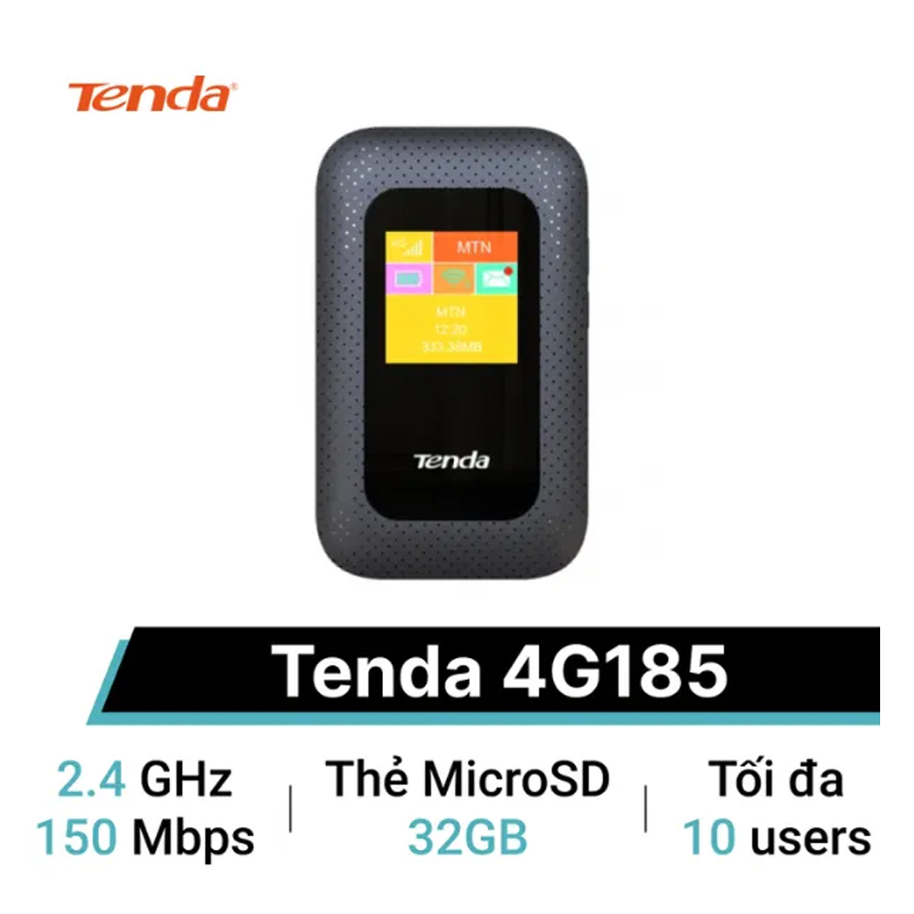Bộ phát wifi 4G Tenda 4G185 (Chuẩn N/ 150 Mbps/ 4 Ăng-ten ngầm/ Khe Sim 4G/ 10 User) Bộ phát wifi 4G Tenda 4G185 (Chuẩn N/ 150 Mbps/ 4 Ăng-ten ngầm/ Khe Sim 4G/ 10 User)