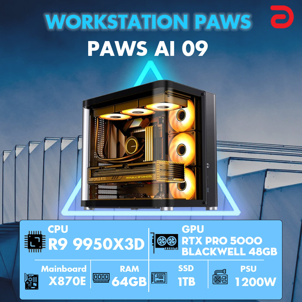 Máy tính PAWS AI 09 (Ryzen 9/X870/64GB/RTX PRO 5000 Blackwell 48Gb) Máy tính PAWS AI 09 (Ryzen 9/X870/64GB/RTX PRO 5000 Blackwell 48Gb)