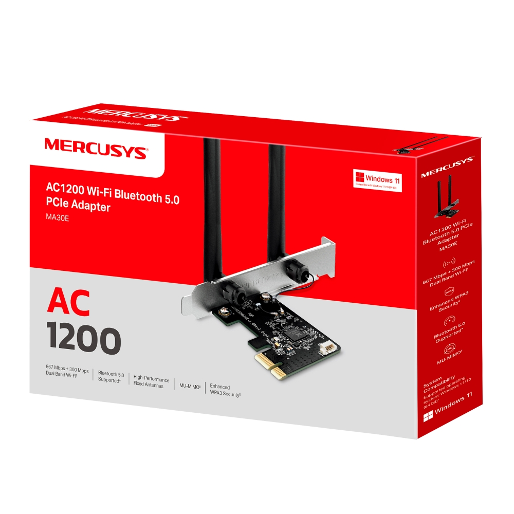 Cạc mạng không dây Mercusys PCI-E MA30E (Chuẩn AC/ AC1200Mbps/ Ăng-ten ngoài/ Bluetooth) Cạc mạng không dây Mercusys PCI-E MA30E (Chuẩn AC/ AC1200Mbps/ Ăng-ten ngoài/ Bluetooth)