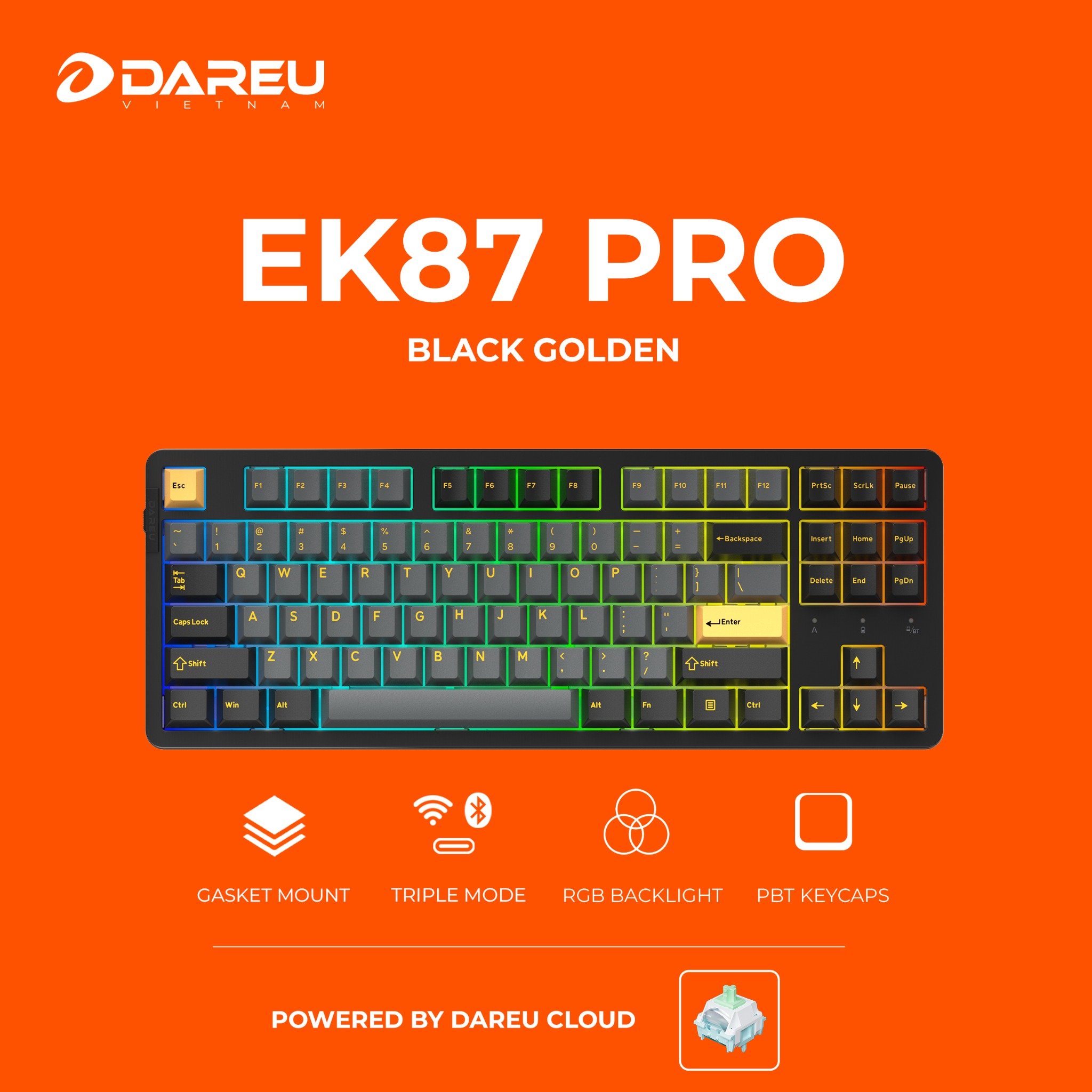 Bàn phím cơ không dây Dareu EK87 Pro Triple Mode Black Golden DareU Cloud switch Bàn phím cơ không dây Dareu EK87 Pro Triple Mode Black Golden DareU Cloud switch