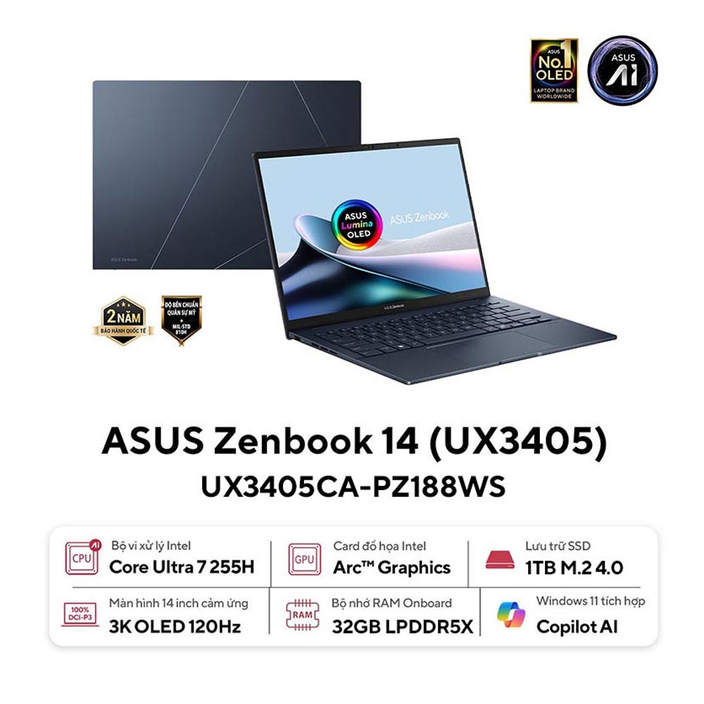 Laptop Asus Zenbook 14 OLED UX3405CA-PZ188WS (Ultra 7 255H/ 32GB/ 1TB SSD/ 14 inch 3K Touch/ 120Hz/ Win 11/ Office/ Blue/ Vỏ nhôm/ Bút/ Túi) Laptop Asus Zenbook 14 OLED UX3405CA-PZ188WS (Ultra 7 255H/ 32GB/ 1TB SSD/ 14 inch 3K Touch/ 120Hz/ Win 11/ Office/ Blue/ Vỏ nhôm/ Bút/ Túi)