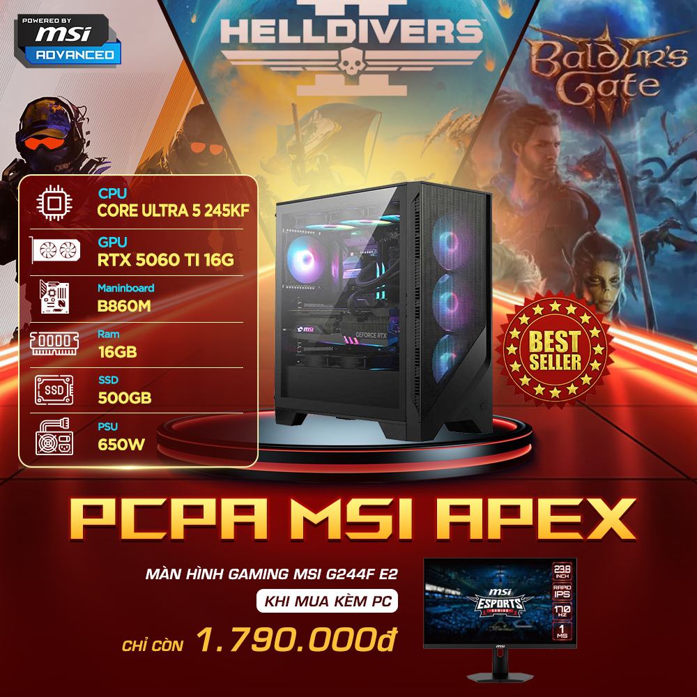 Máy tính PCPA MSI Apex (Core Ultra 5 245KF/16GB/RTX 5060TI 16G/650W) Máy tính PCPA MSI Apex (Core Ultra 5 245KF/16GB/RTX 5060TI 16G/650W)