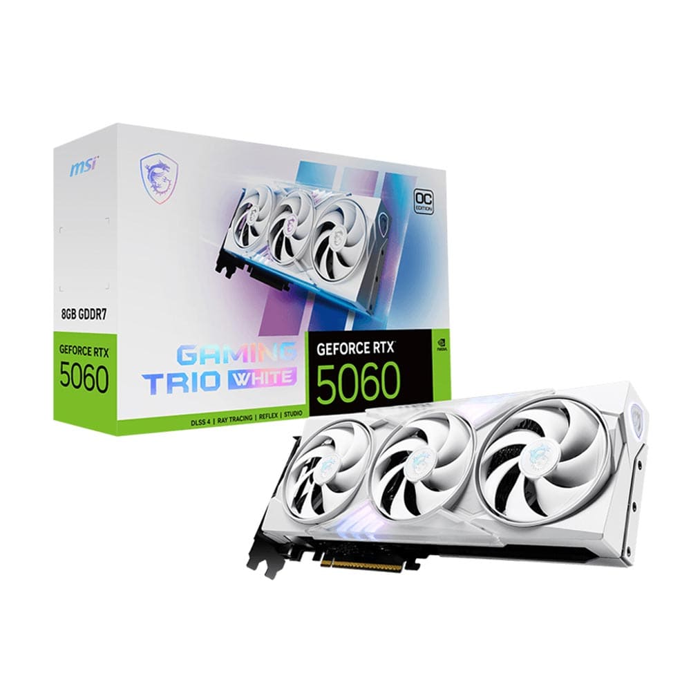 Card đồ họa MSI GeForce RTX 5060 8GB GAMING TRIO OC WHITE (GDDR7/ 128 bit) Card đồ họa MSI GeForce RTX 5060 8GB GAMING TRIO OC WHITE (GDDR7/ 128 bit)