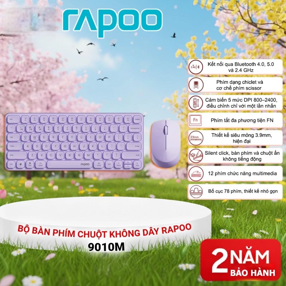 Bộ bàn phím chuột không dây Rapoo 9010M Màu tím (Bluetooth/Wireless/ Pin sạc)