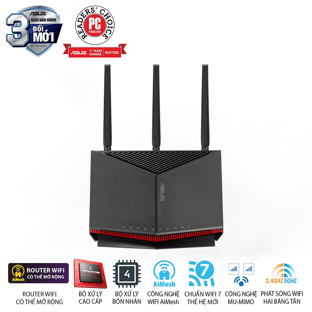 Bộ phát wifi 7 Asus RT-BE86U (Chuẩn BE/ BE6800Mbps/ 3 Ăng-ten ngoài, 1 ăng-ten ngầm/ AIMesh) Bộ phát wifi 7 Asus RT-BE86U (Chuẩn BE/ BE6800Mbps/ 3 Ăng-ten ngoài, 1 ăng-ten ngầm/ AIMesh)