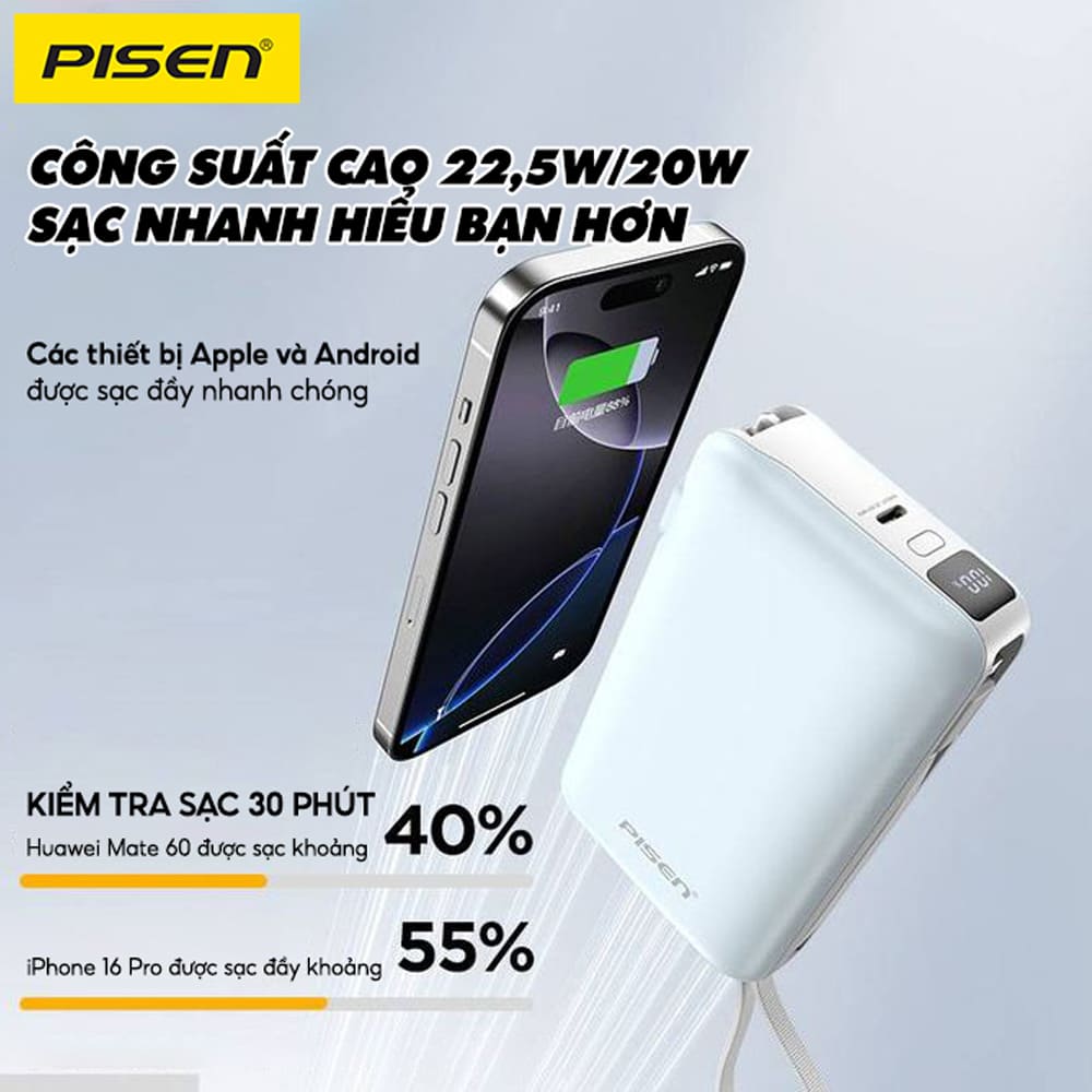 Pin sạc dự phòng Pisen 20.000 mAh TP-D186 22.5W Màu trắng Pin sạc dự phòng Pisen 20.000 mAh TP-D186 22.5W Màu trắng