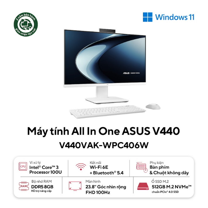 Máy tính AIO Asus V440VAK-WPC406W (Core 3 100U/ 8GB/ 512GB SSD/ 23.8inch/ Key + Mouse Wireless/ Win11/ 2Y) Máy tính AIO Asus V440VAK-WPC406W (Core 3 100U/ 8GB/ 512GB SSD/ 23.8inch/ Key + Mouse Wireless/ Win11/ 2Y)