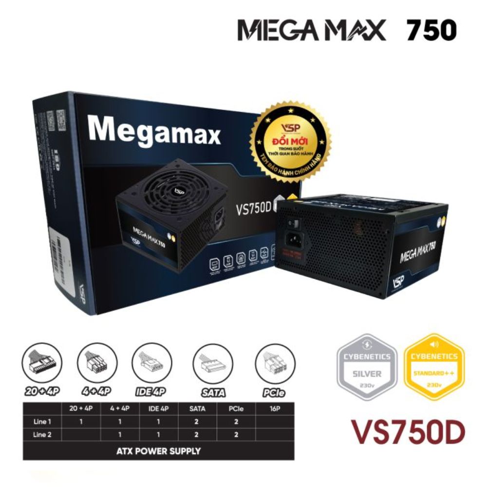 Nguồn máy tính VSP MEGAMAX VS750D (750W /Cybenetics Silver / Active PFC/ DC to DC) Nguồn máy tính VSP MEGAMAX VS750D (750W /Cybenetics Silver / Active PFC/ DC to DC)
