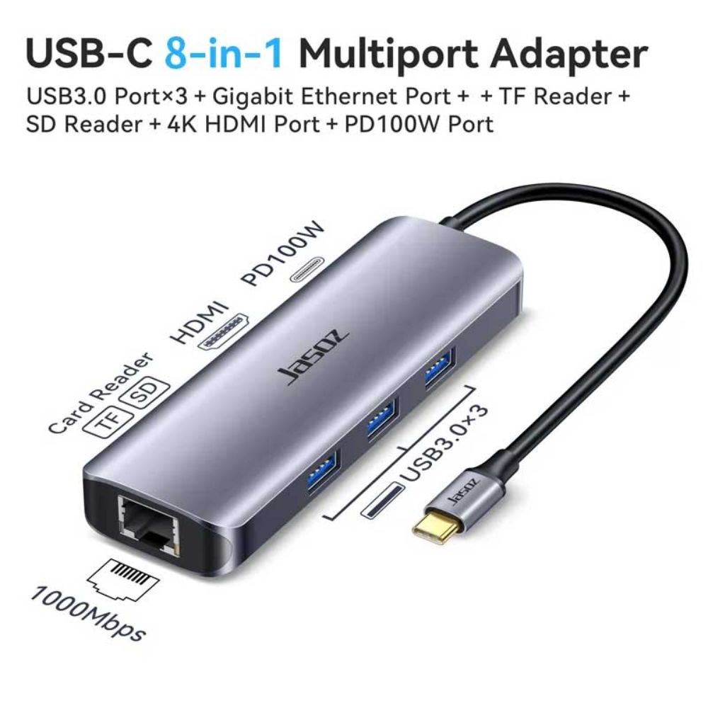 HUB 8 in 1 USB Type C sang HDMI+RJ45 gigabit+3x USB 3.0+PD+SD/TF JASOZ T-H112 HUB 8 in 1 USB Type C sang HDMI+RJ45 gigabit+3x USB 3.0+PD+SD/TF JASOZ T-H112