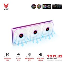 Quạt case VSP T3 PLUS Reverse Trắng (Fan 3 Liền Khối Cánh Ngược)