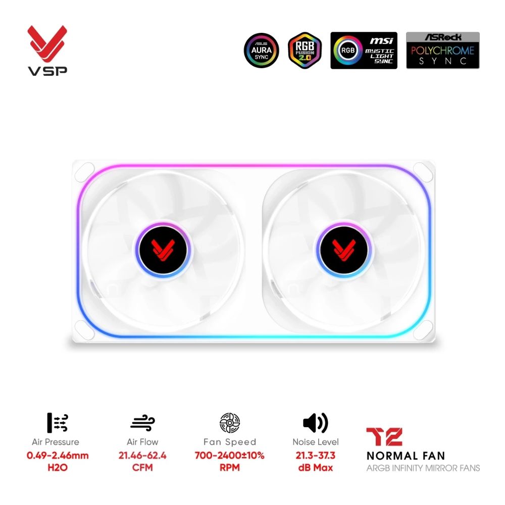 Quạt case VSP T2 Normal Trắng (ARGB Infinity Mirror / Fan Đôi Liền Khối) Quạt case VSP T2 Normal Trắng (ARGB Infinity Mirror / Fan Đôi Liền Khối)