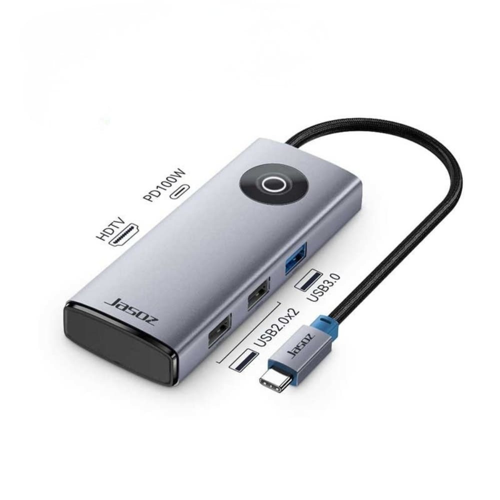 Bộ chuyển Jasoz T-H121 USB-C (Type C) sang HDMI 4K@30Hz, 2x USB 3.0, 2x USB 2.0, PD 100W Bộ chuyển Jasoz T-H121 USB-C (Type C) sang HDMI 4K@30Hz, 2x USB 3.0, 2x USB 2.0, PD 100W
