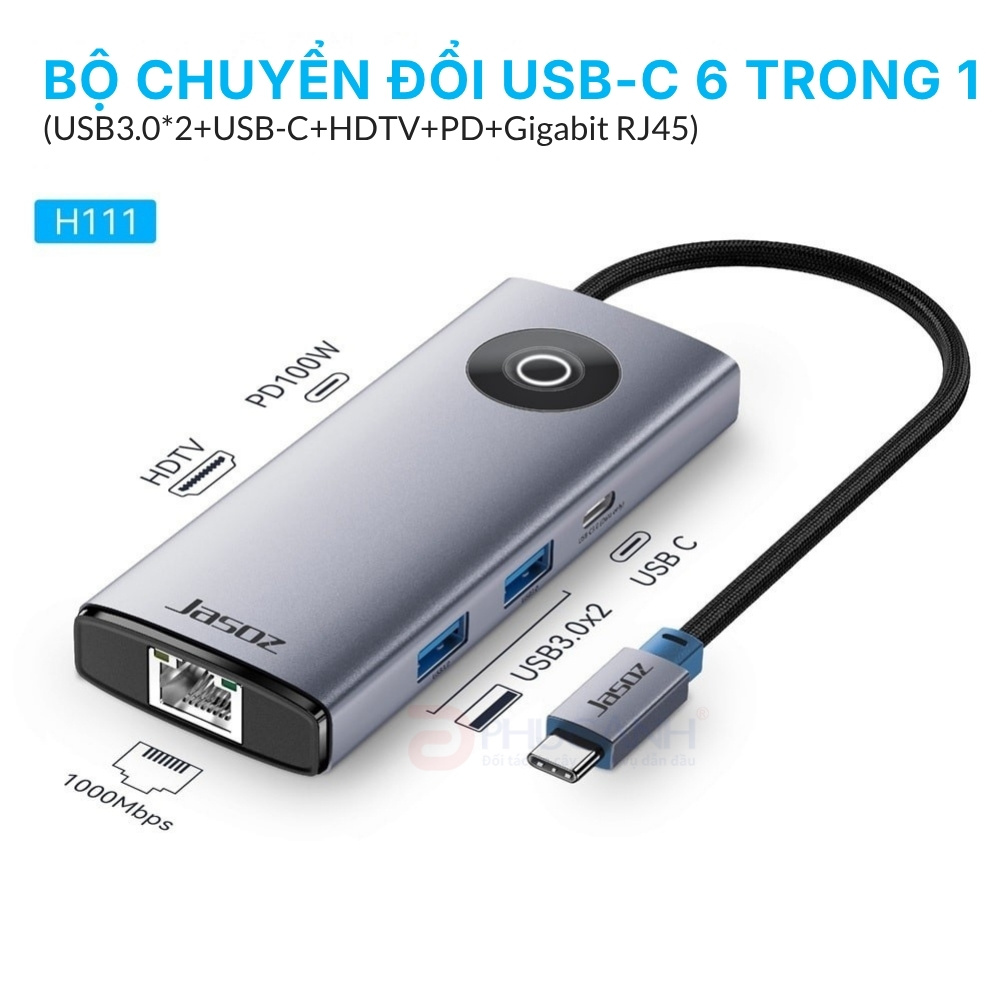 Bộ chuyển Jasoz T-H111 USB-C (Type C) sang HDMI 4K@60Hz, 2×USB 3.0, USB-C 3.0, RJ45 Gigabit, PD 100W Bộ chuyển Jasoz T-H111 USB-C (Type C) sang HDMI 4K@60Hz, 2×USB 3.0, USB-C 3.0, RJ45 Gigabit, PD 100W