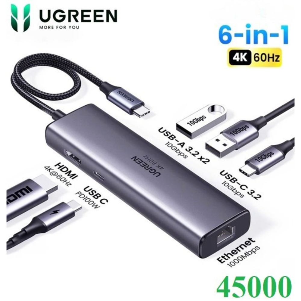 Bộ chuyển đổi Ugreen 45000 6 in 1 USB Type-C sang HDMI 4K@60Hz, USB-C, USB 3.0, LAN, PD 100W