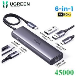 Bộ chuyển đổi Ugreen 45000 6 in 1 USB Type-C sang HDMI 4K@60Hz, USB-C, USB 3.0, LAN, PD 100W