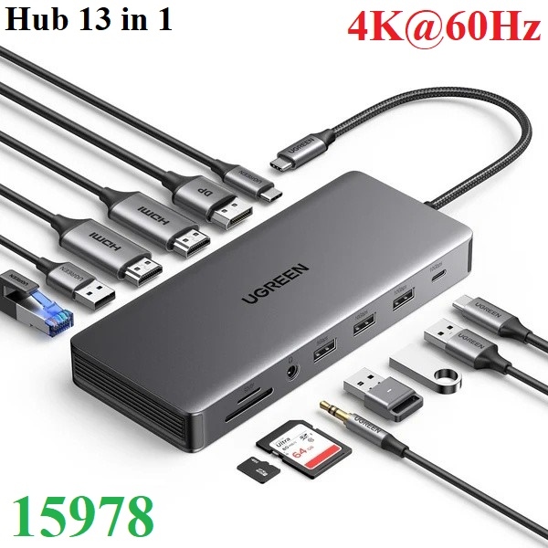 Bộ chuyển đổi Ugreen 15978 Pro 13 in 1 USB Type-C sang HDMI, USB-C, USB 3.0, LAN, SD/TF, 3.5mm, PD 100W Bộ chuyển đổi Ugreen 15978 Pro 13 in 1 USB Type-C sang HDMI, USB-C, USB 3.0, LAN, SD/TF, 3.5mm, PD 100W